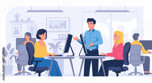 Diverse individuals collaborating in a modern, bright office setting, engaged in computer work and discussion