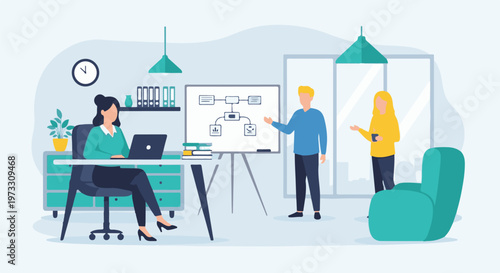 Modern office scene with three people collaborating around a whiteboard presentation and workstation