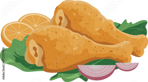 Fried chicken drumsticks vector illustration with fresh lettuce orange slices and red onion garnish isolated on white background for food menu design