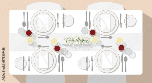 A pristine white dining table is meticulously arranged for four guests with elegant gold-rimmed plates, polished silverware, and delicate flowers.