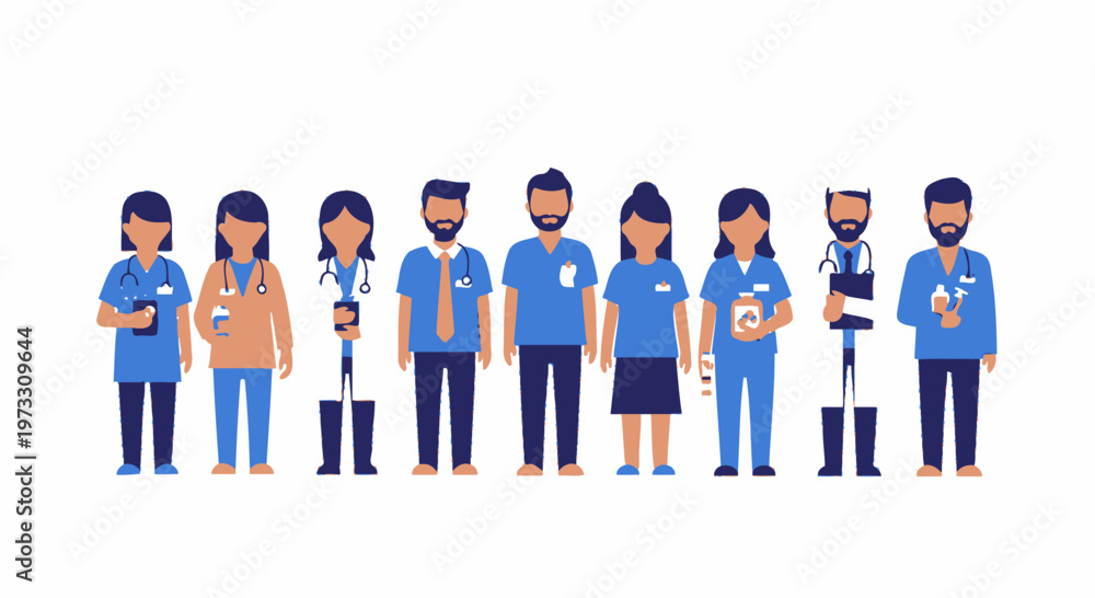Fototapeta premium Diverse medical team standing together, flat vector illustration