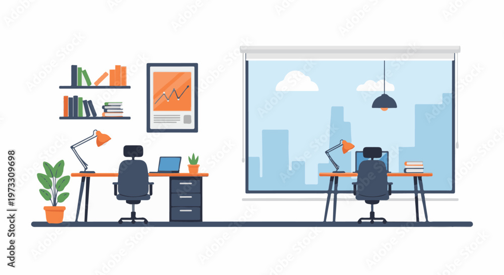 Fototapeta premium Modern office setup with city view, workstations, and a bookshelf