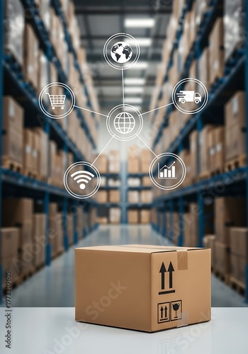 Cardboard box in warehouse with digital network logistics