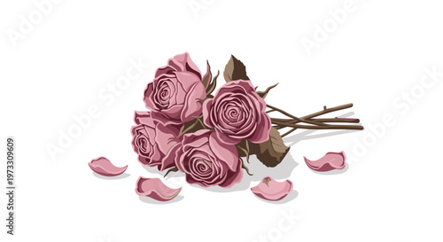 A beautiful cluster of muted pink roses with delicate brown stems and scattered petals lies gracefully on a soft and neutral light grey background.