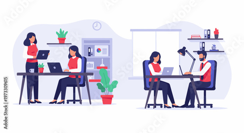 Two people working in office environment on their laptops