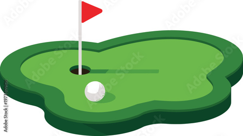 Modern 3D isometric golf putting green vector illustration with white ball and red flag for sports apps and leisure activity gaming on white