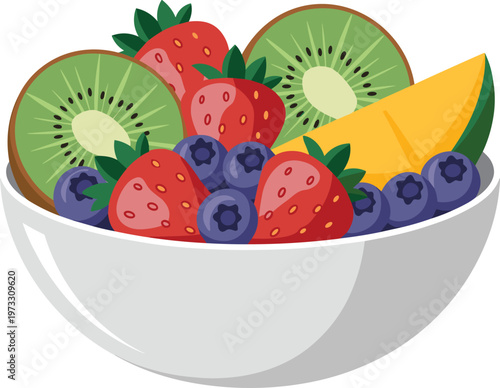 Top view flat vector fruit bowl illustration with strawberries kiwi blueberries and mango for healthy lifestyle and organic food menu design