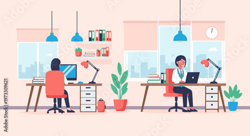 Two people working at desks in an office with large windows overlooking a city