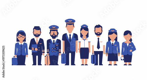 Diverse Aviation Crew: Pilots and Flight Attendants in Pixel Art Style