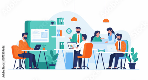 Employees collaborate and work on projects in a modern office setting