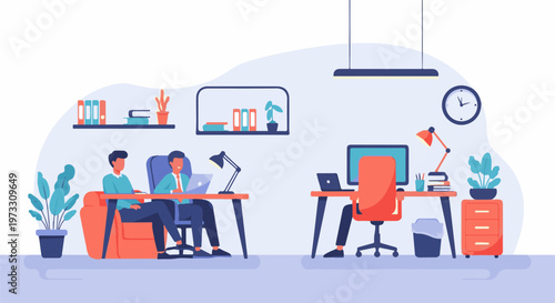 Two individuals work in a modern, minimalist office with desks, computers, and plants
