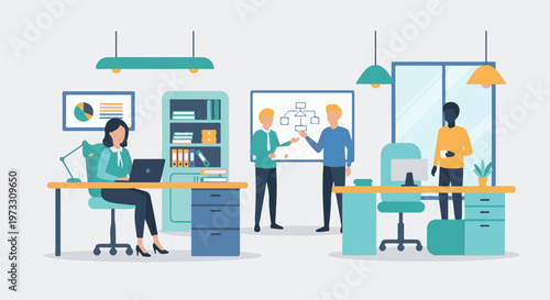 Four diverse individuals collaborate in a modern office setting, discussing plans on a whiteboard