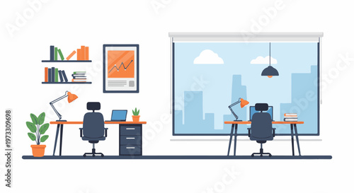 Modern office setup with city view, workstations, and a bookshelf