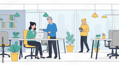 Office collaboration scene with three people working at desks