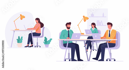 People working on laptops at desks in a modern office environment