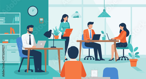 Office employees working on laptops at desks with plants and a clock