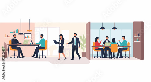 Diverse professionals collaborate in a modern office space, engaging in meetings and desk work