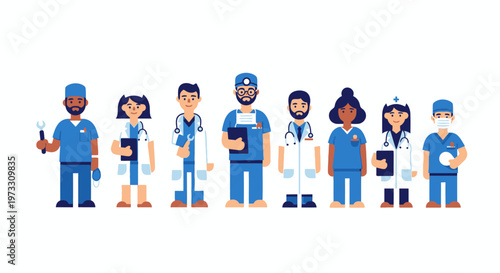 Diverse Medical Team of Doctors and Nurses in Flat Design Style