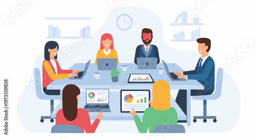 Diverse professionals collaborate around a conference table, using laptops and tablets