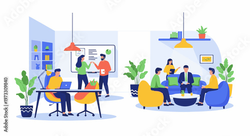 Diverse team collaborating in modern office spaces with interactive displays and comfortable seating