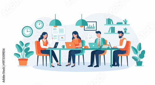 Colleagues collaborate around a table, working on laptops in a bright office