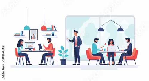 Diverse team collaborating and working on computers in a modern office space