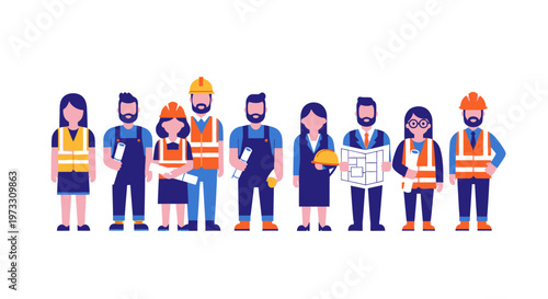 Diverse Construction Team with Hard Hats and Blueprints