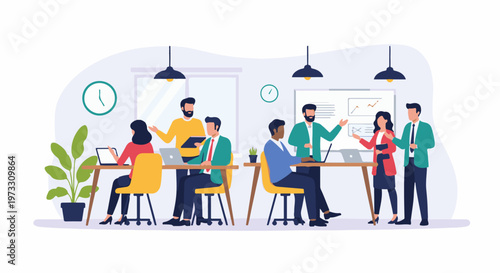 Colleagues collaborate in a modern office setting with charts on a whiteboard