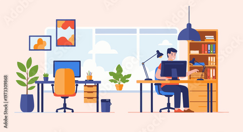 Modern home office setup with a person working at a desk, plants, and bookshelves