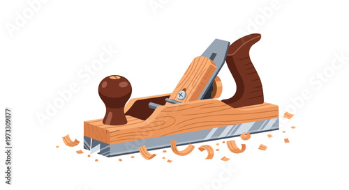 A meticulous wooden hand plane rests on a white surface while surrounded by delicate curly shavings produced during a precise woodworking session today.