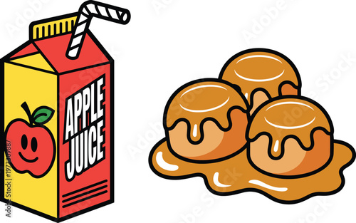 Cute breakfast snack set with apple juice box and caramel glazed donut holes vector illustration in bold pop art style on white background