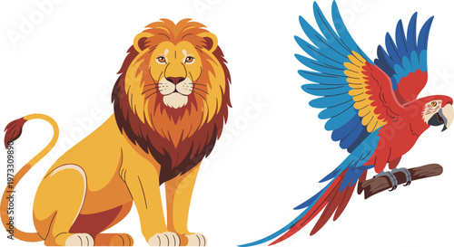 Majestic lion and colorful macaw parrot vector set with wild safari animals in modern flat geometric style for zoo and nature branding