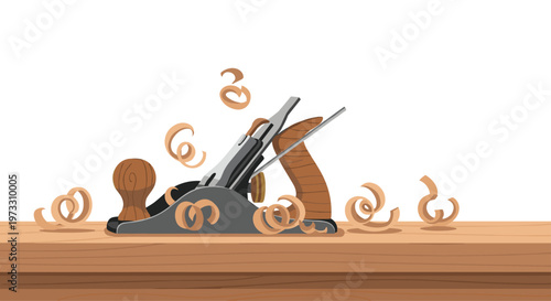 An industrial metal hand plane sits atop a solid wooden workbench while dynamic wood curls float gracefully in the air against a bright white backdrop.