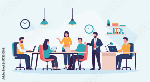 Diverse group of people collaborating and working at desks with laptops in a modern office