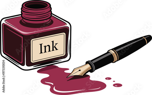 Cute cartoon ink bottle and fountain pen vector illustration with ink spill for writing and stationery design