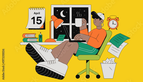 Tax deadline day concept with alarm clock and April 15 calendar page deadline stress time management