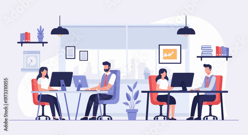 Four individuals work on computers in a modern office setting with large windows