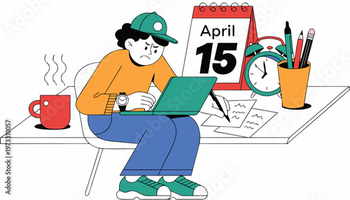 Tax deadline day concept with alarm clock and April 15 calendar page deadline stress time management