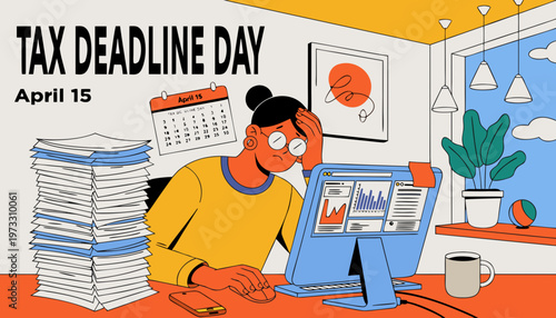 Tax deadline day concept with alarm clock and April 15 calendar page deadline stress time management