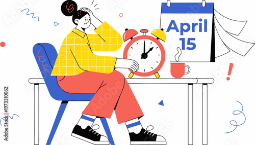 Tax deadline day concept with alarm clock and April 15 calendar page deadline stress time management