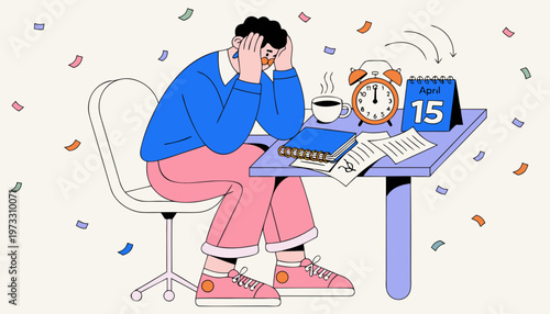 Tax deadline day concept with alarm clock and April 15 calendar page deadline stress time management