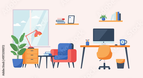 Cozy home office with computer, chair, armchair, plant, lamp, books, and window