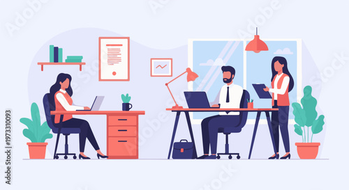 Colleagues collaborate on laptops at desks in a bright, modern office with plants