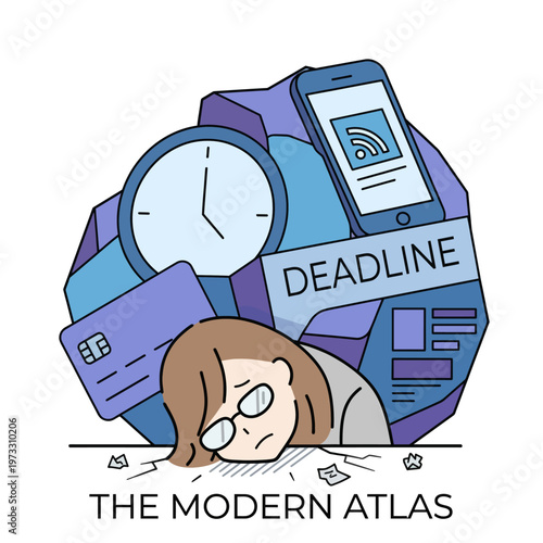 This illustration portrays a person overwhelmed by modern demands, featuring elements such as a clock, smartphone, and various deadlines, reflecting contemporary stress.