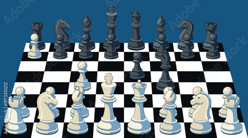 An overhead view of a chess board set up with black and white pieces, capturing the strategic depth and elegance of this timeless game, perfect for enthusiasts.