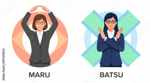 This image represents two characters displaying the Maru and Batsu gestures commonly used to signify approval and refusal, highlighting cultural communication methods.
