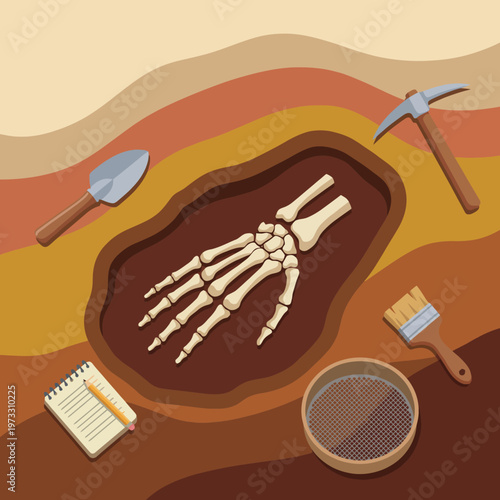 An artistic representation of excavation tools surrounding a fossilized dinosaur hand, illustrating paleontology and the thrill of discovering ancient life.