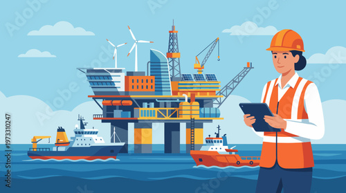 An informative illustration showing an offshore construction site that merges renewable energy sources like wind and solar with traditional oil structures, reflecting industry evolution.