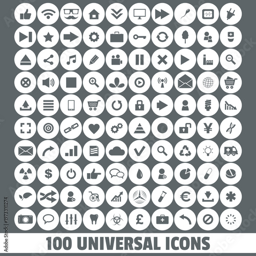 100 Universal Icons: A comprehensive array of universally recognized symbols, each carefully crafted to represent a diverse range of concepts, essential in communication. 