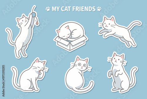 Charming collection of cute white cats depicted in various playful poses, showcasing their love for fun and exploration in a delightful, colorful style.